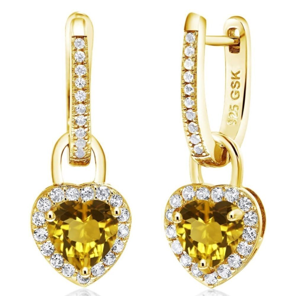 18K Yellow Gold 925 with 1.80 Cttw Citrine and White Sapphire Heart Earrings